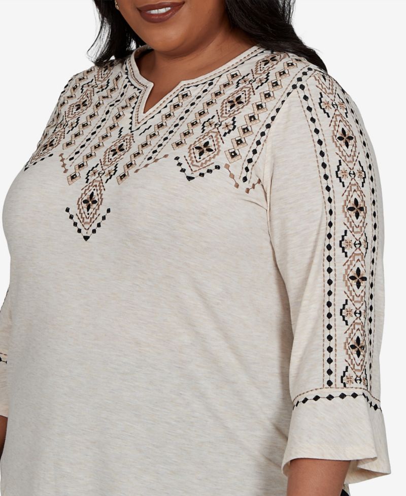 Plus Size Women's Travel Advisory 3/4-Sleeve Geometric-Embroidered Printed-Back Top