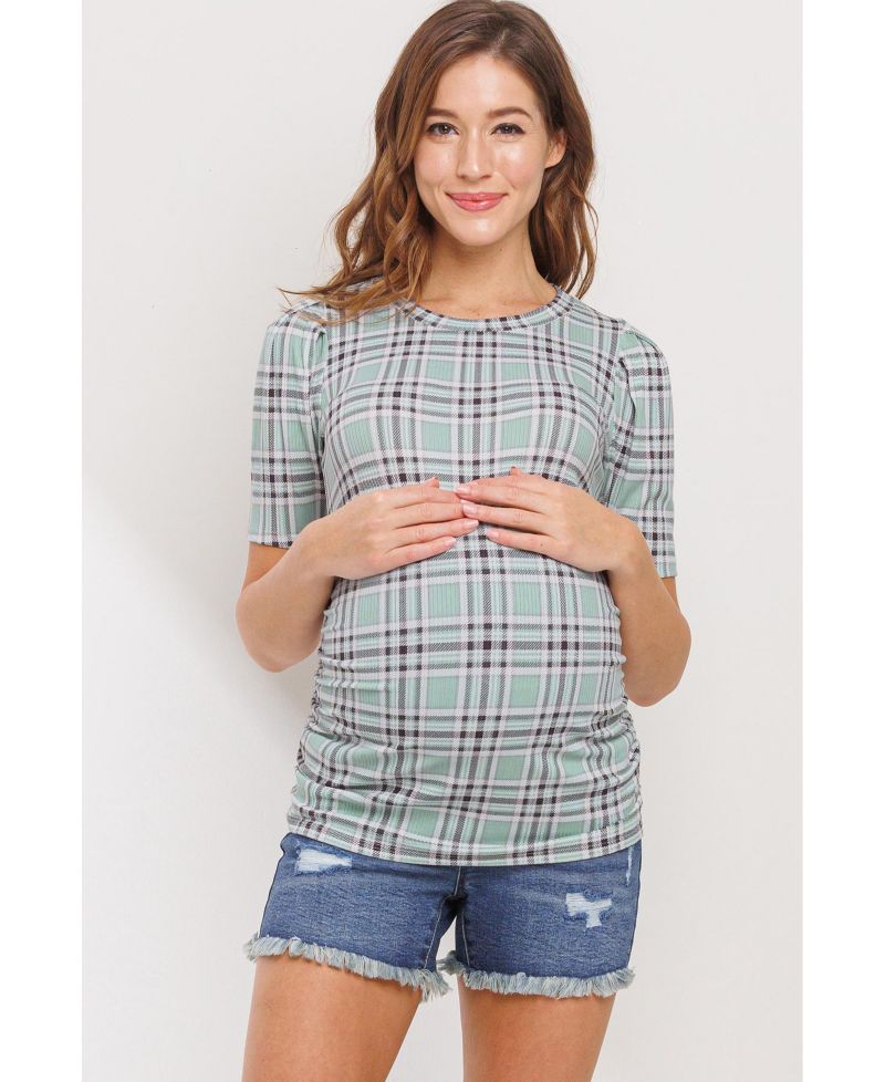 Maternity Plaid Ruched Puff Sleeve Fitted Top
