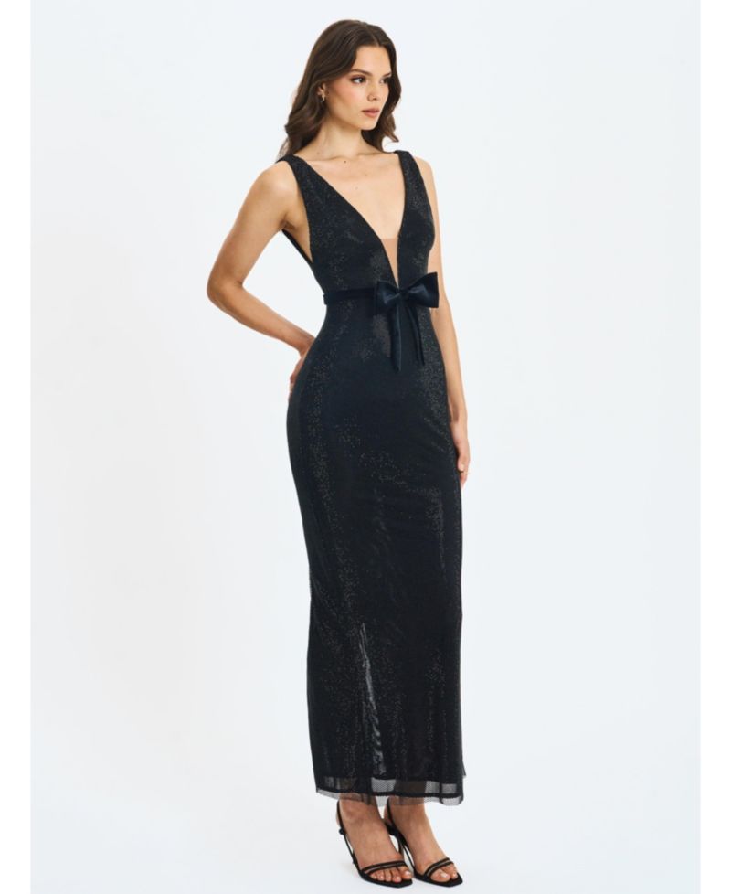 Women Olympia Black Belted Bow Plunging Rhinestone Maxi Dress