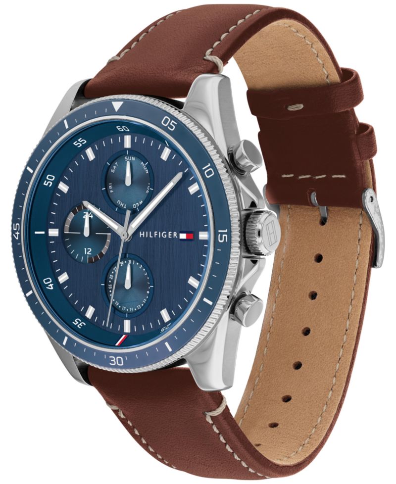 Men's Chronograph Brown Leather Strap Watch 44mm