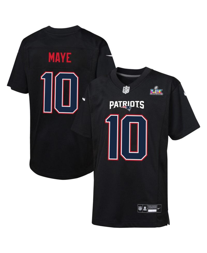 Big Boys and Girls Drake Maye Black New England Patriots Super Bowl LX Patch Carbon Fashion Game Jersey