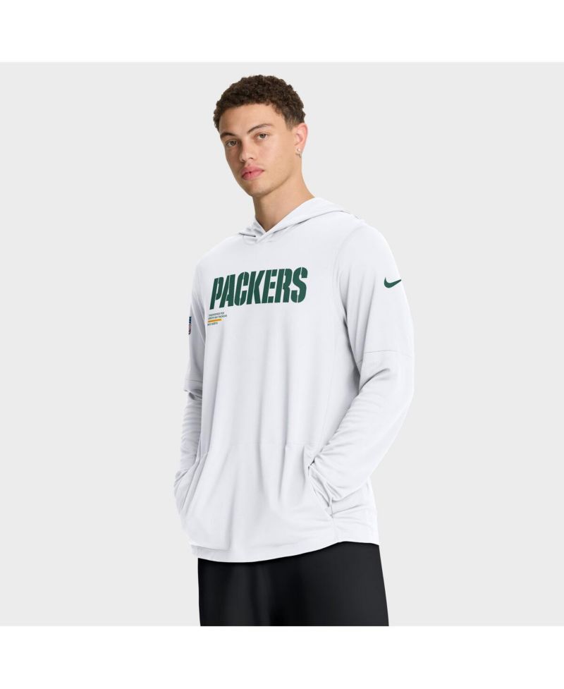 Men's White Green Bay Packers Sideline Pure Fury Performance Long Sleeve Hoodie T-Shirt