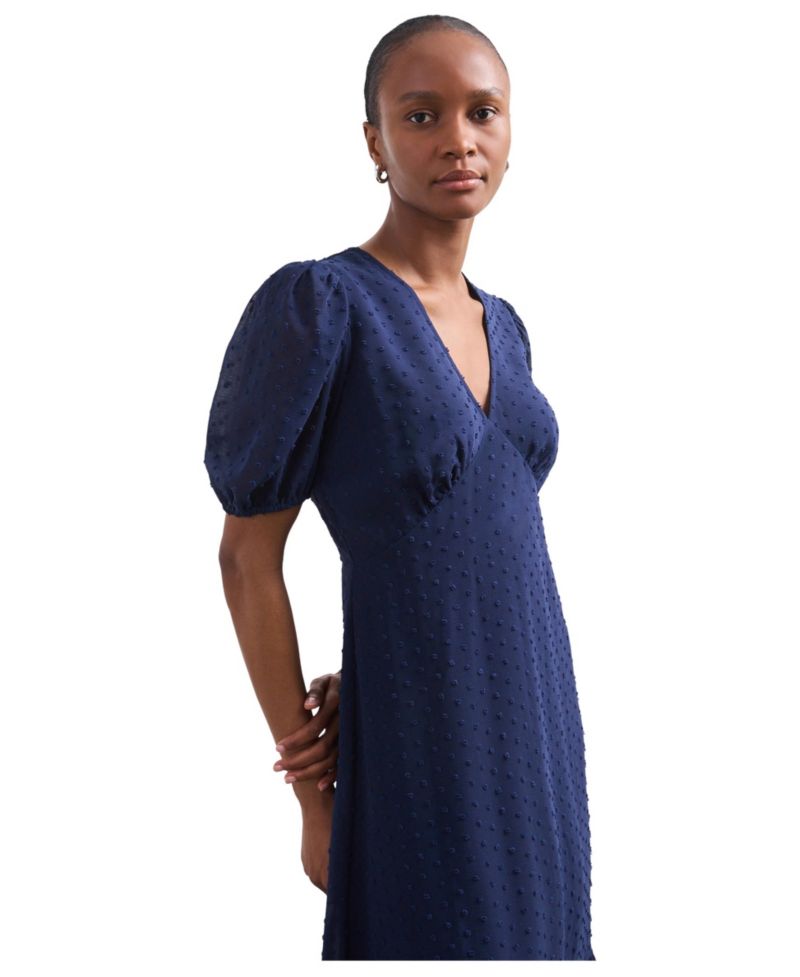 Women's Loretta Fit & Flare Empire Waist Puff-Sleeve V-Neck Georgette Midi Dress