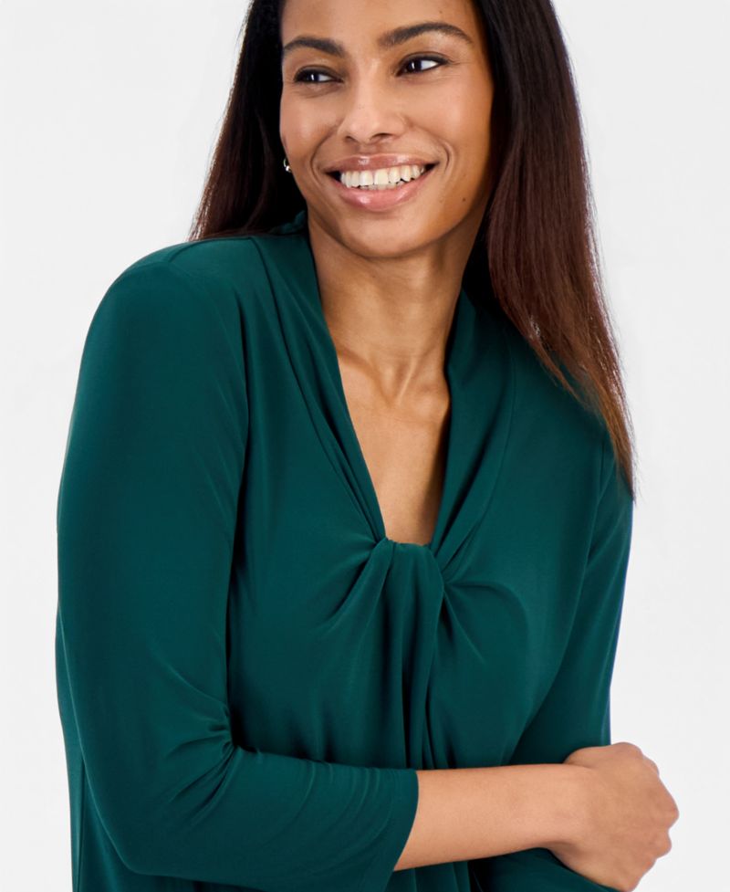 Petite Knot-Front 3/4-Sleeve Blouse