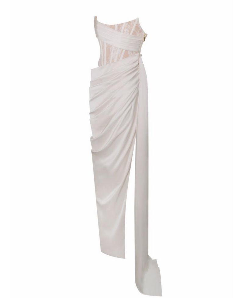 Women Callie Pearl White Lace Satin Corset High Slit Gown