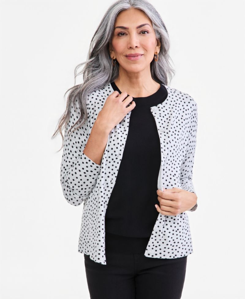 Women's Printed Crew-Neck Button-Down Cardigan Sweater