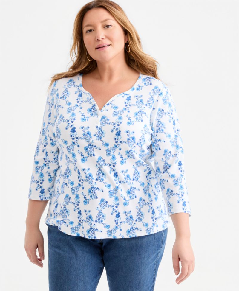 Petite Printed 3/4-Sleeve Henley Top
