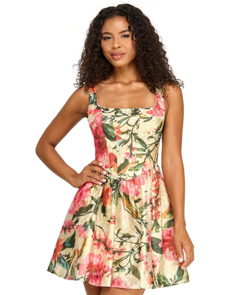 Juniors' Printed Jacquard Square Neck Corset Drop-Waist Dress