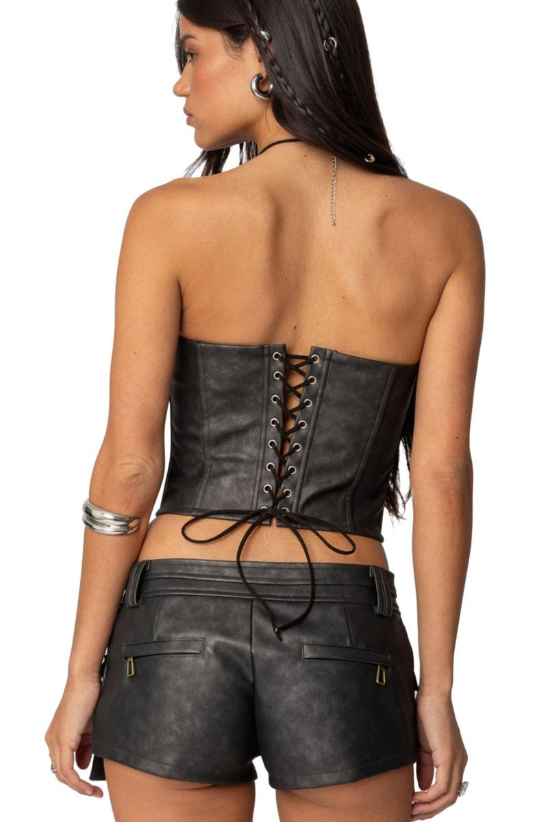 Womens Ryan Faux Leather Cargo Corset Top