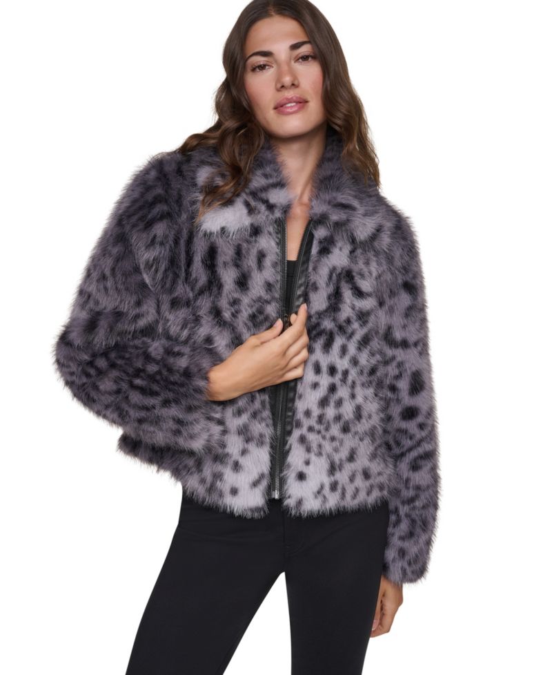 Women's Long-Sleeve Faux Fur Animal Print Jacket