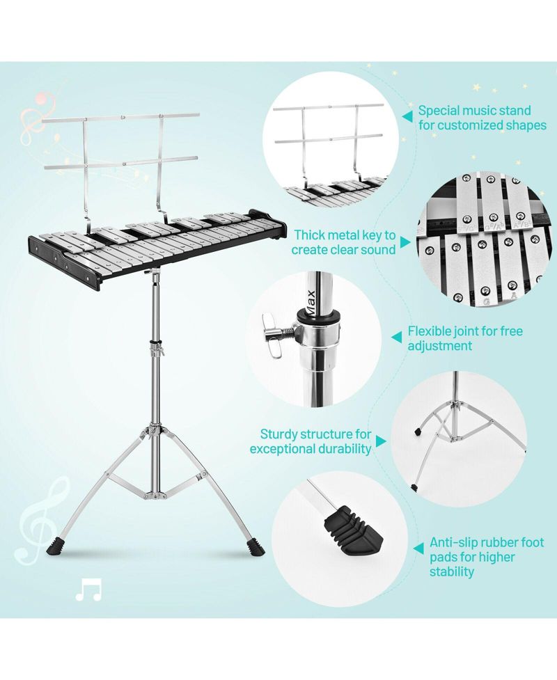 32-Note Glockenspiel Xylophone Percussion Bell Kit with Adjustable Stand