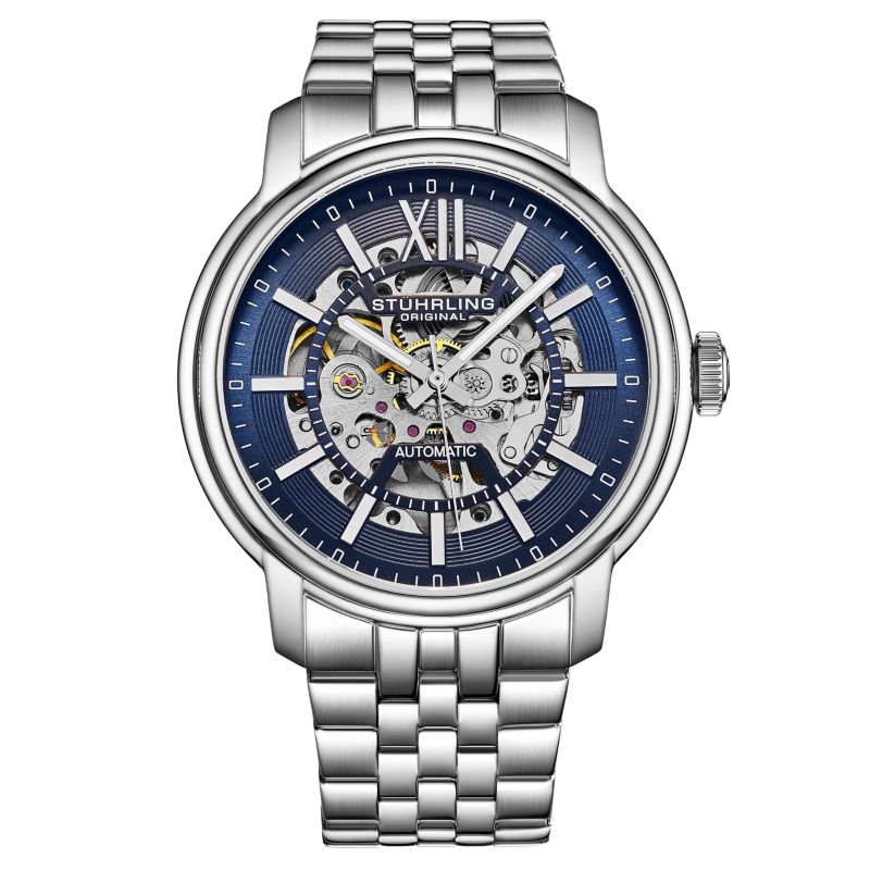 Atrium 4031 Men s Automatic Skeleton Watch - 42mm, Silver-Tone Case and Bracelet, Blue Skeleton Dial with Silver Accents