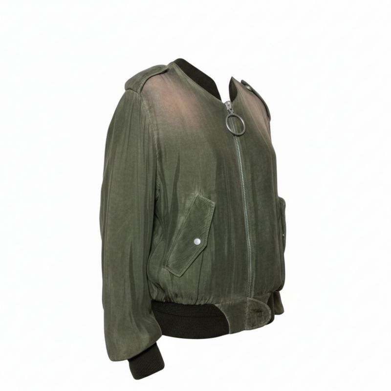 Women's Green Cupro Washed Out Effect Zipper Front Bomber Jacket