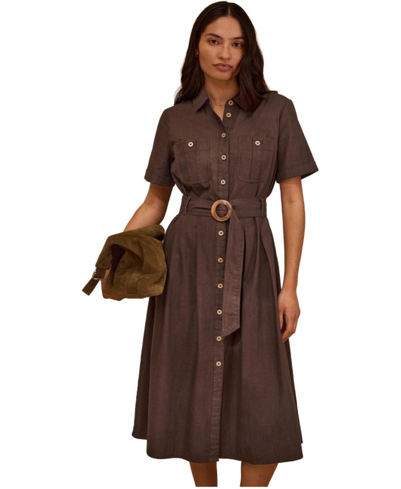 Women's Belted Safari Midi Shirt Dress