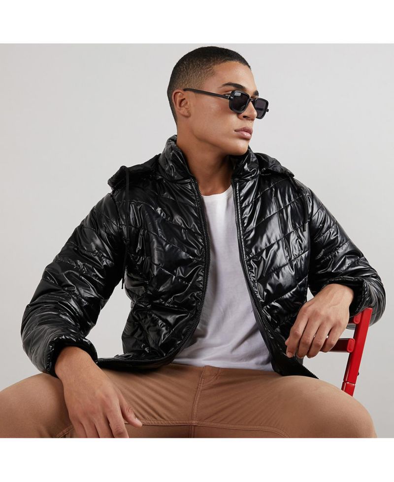Men's Black Zip-Front Quilted Puffer Jacket