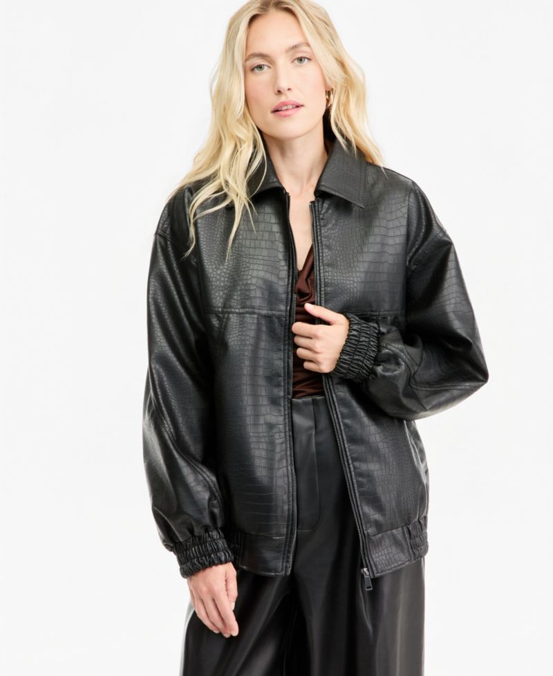 Women's Croc-Embossed Faux-Leather Oversized Bomber Jacket