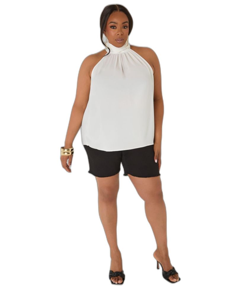 Women's High-Neck Crepe Keyhole-Back Top