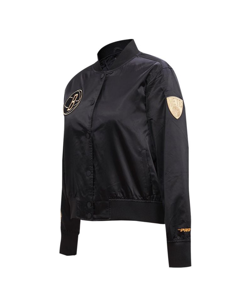 Women's Black Brooklyn Nets Glam Satin Full-Snap Varsity Jacket