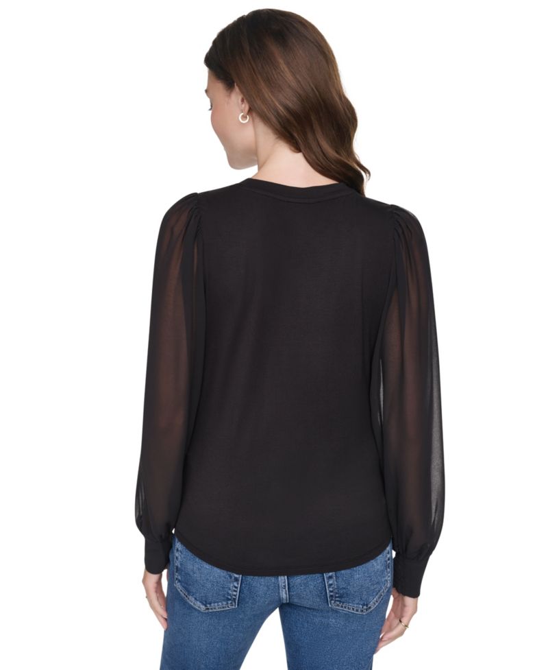 Women's Mixed-Media Long-Sleeve Crewneck Blouse