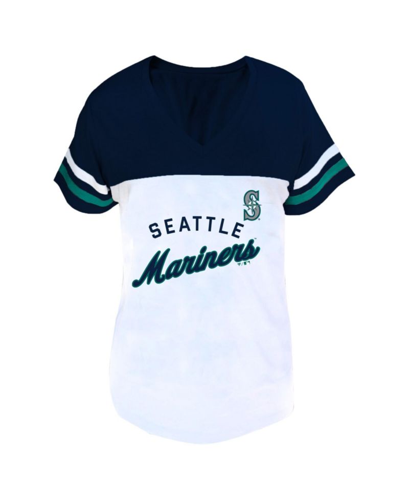 Women's Profile White/Navy Seattle Mariners Plus Size Two-Stripe V-Neck T-Shirt