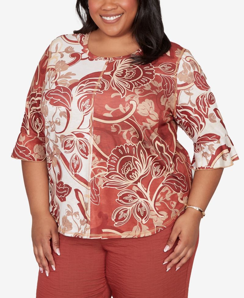 Plus Size Spice Market Spliced Colors Scroll Print Top