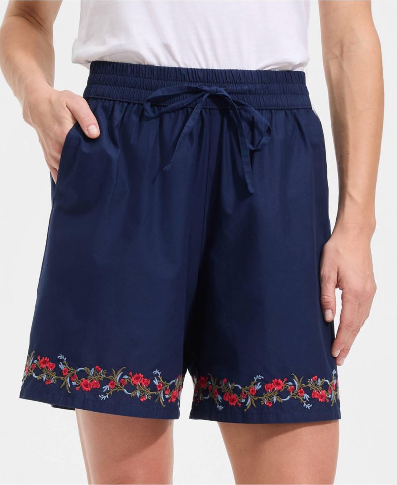Women's Poplin Embroidered High Rise 7" Pull On Shorts
