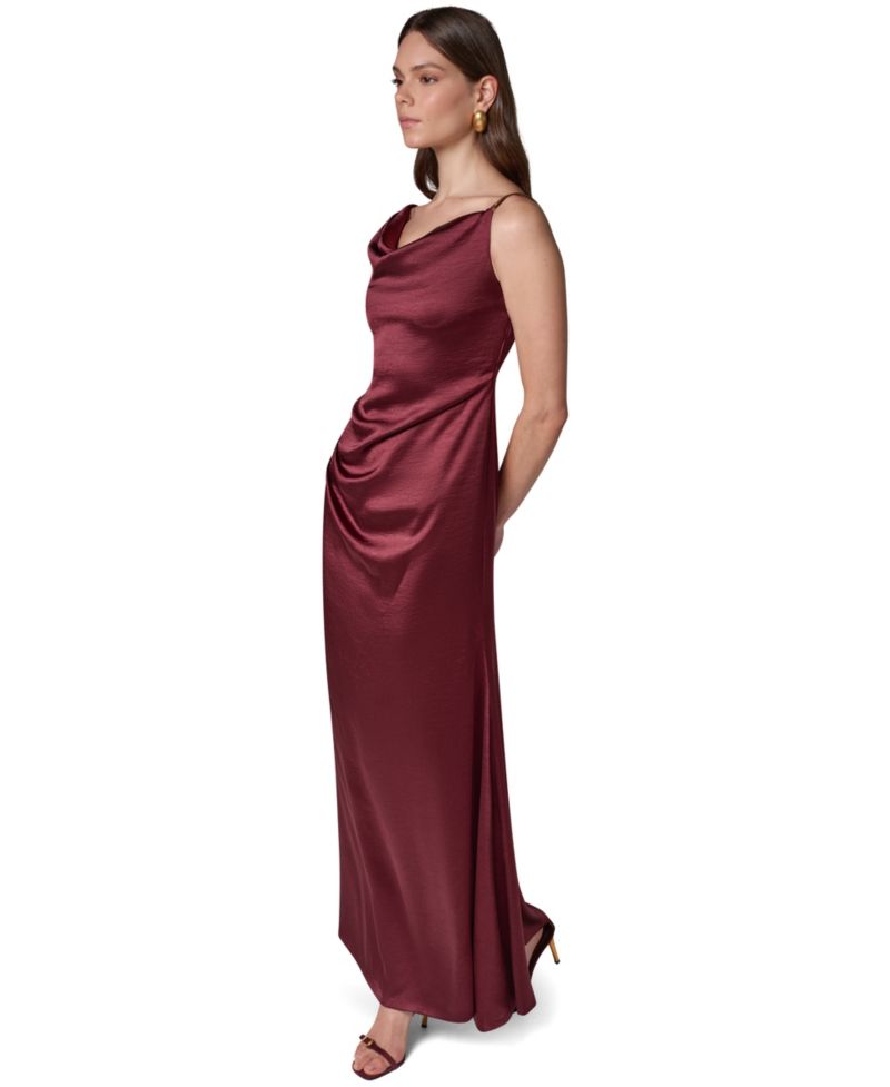 Women's Sleeveless Asymmetric Cowl-Neck Satin Maxi Dress