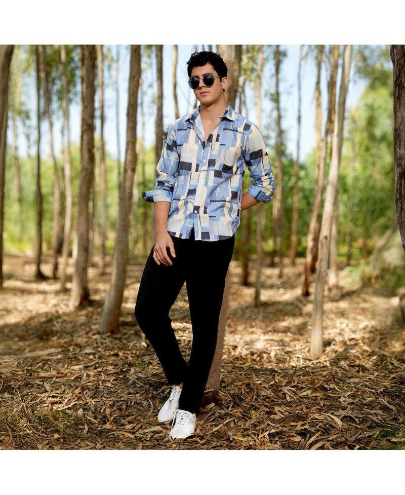 Men's Powder Blue & Pale Yellow Cubic-Overlap Shirt