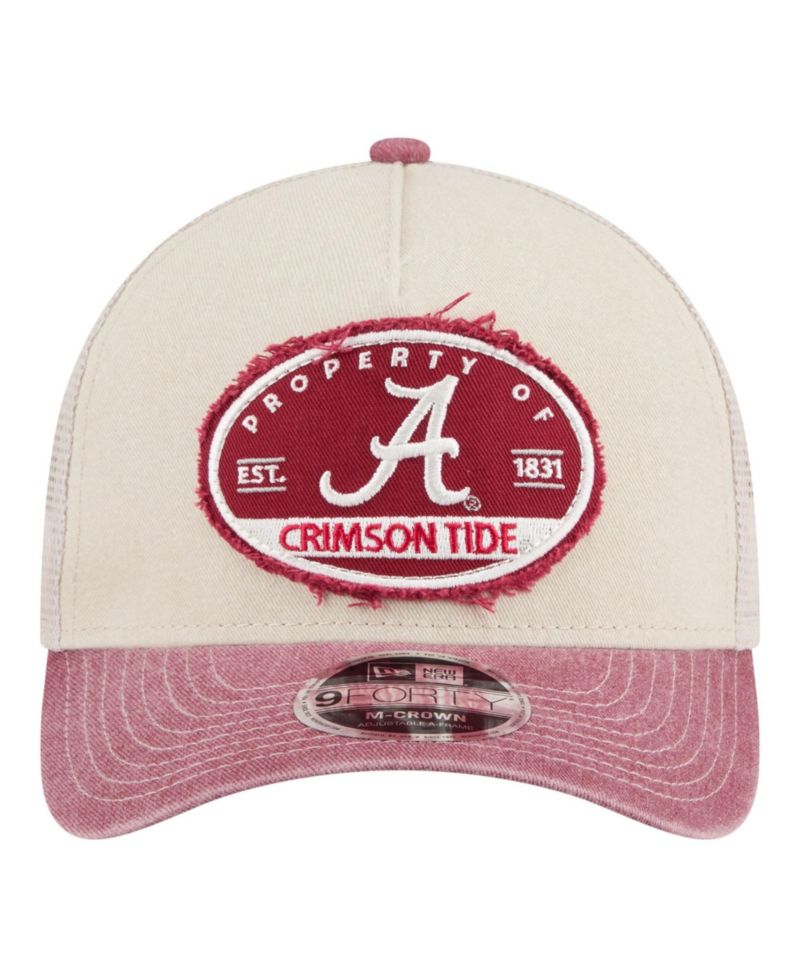 Men's Stone/Crimson Alabama Crimson Tide Frayed Patch 9FORTY M-Crown A-Frame Trucker Adjustable Hat