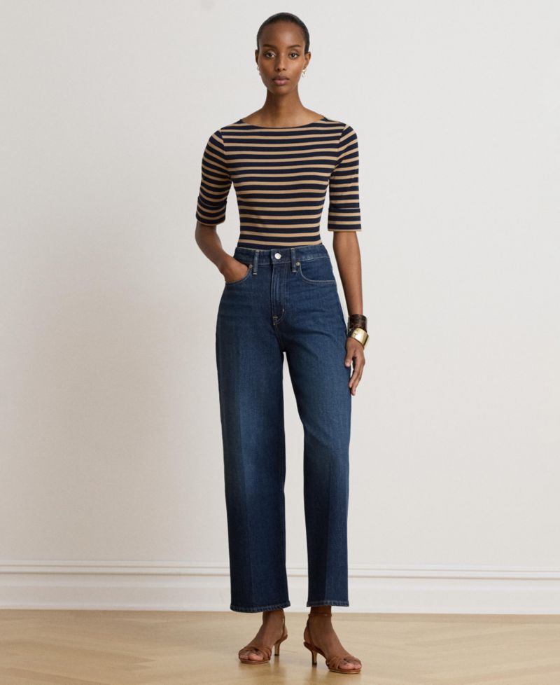 Petite Striped Stretch Cotton Boat Neck Top