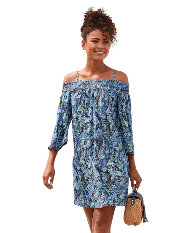 Women's Viscose Printed Off Shoulder Smocked Short Dress