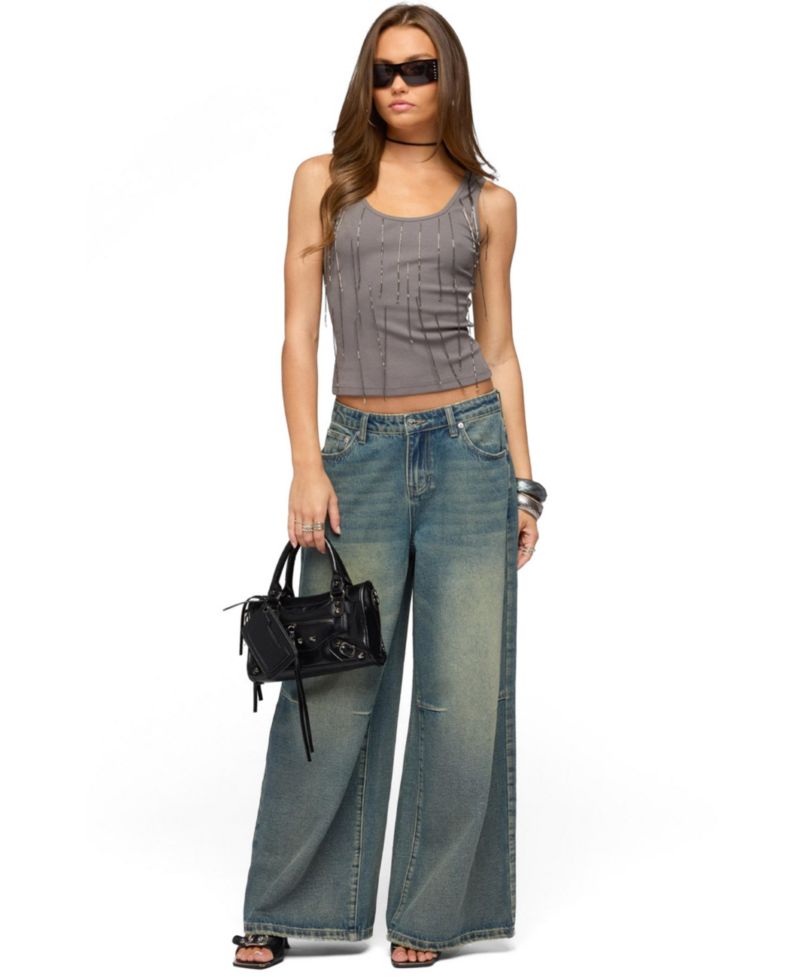 Women's Beaded Fringe Ribbed Tank Top
