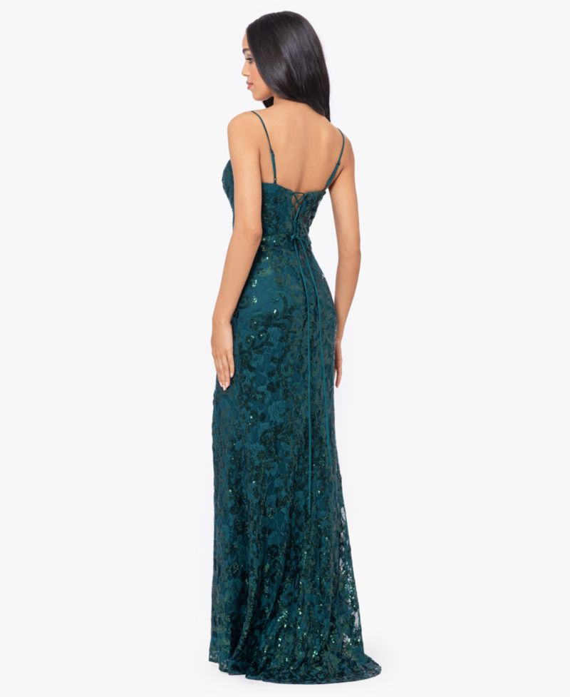 Juniors' Sequined Lace Corset Gown