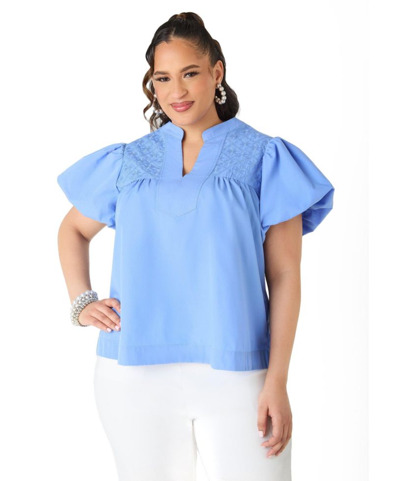 Plus Size Puff Sleeve Embroidered Women's Top