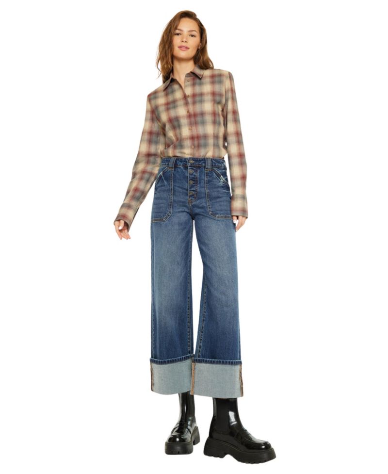 Women's High Rise Cuffed Wide Leg Jeans