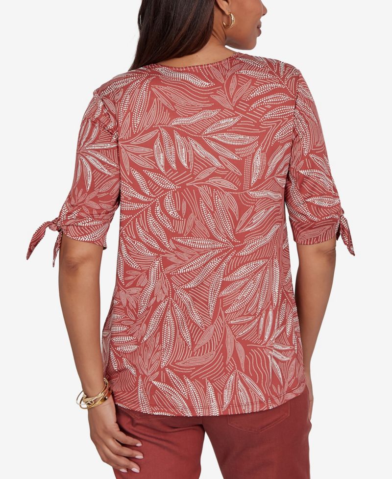 Petite Leaf Puff Print Knit Tie-Sleeve Top