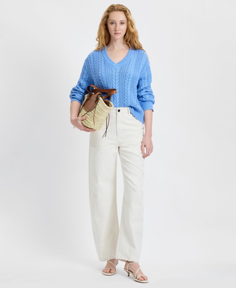 Women's Ryland Blue Cable Knit V-Neck Sweater