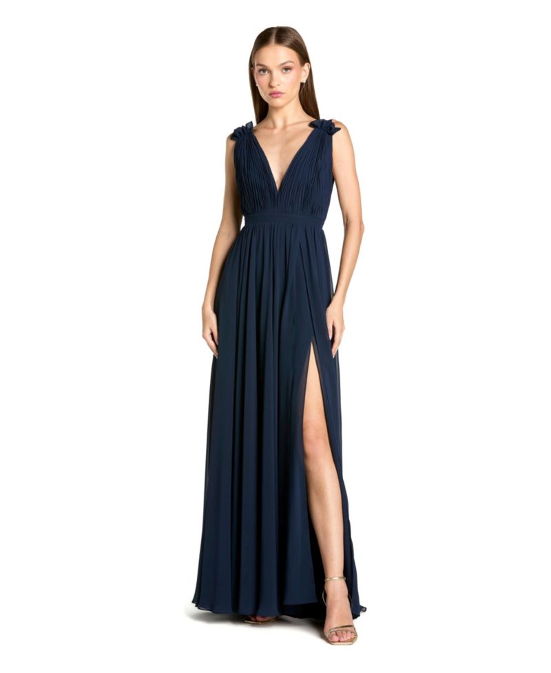 Petite Sleeveless Pleated Chiffon V-Neck Gown