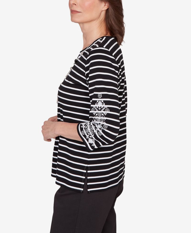 Petite Classic Pinstripe Embroidered Sleeve Top with Necklace