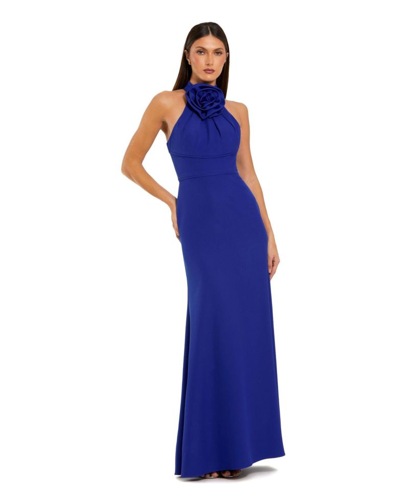 Women's Halter Neck Crepe Column Floral Detail Gown