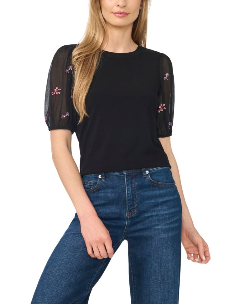 Women's Beaded Short-Sleeve Mixed-Media Crew Neck Blouse