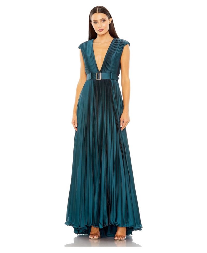 Women's Pleated Plunge Neck Belted A Line Gown
