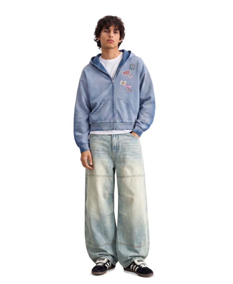 Men's Panel Baggy Barrel Light-Wash Distressed Jeans
