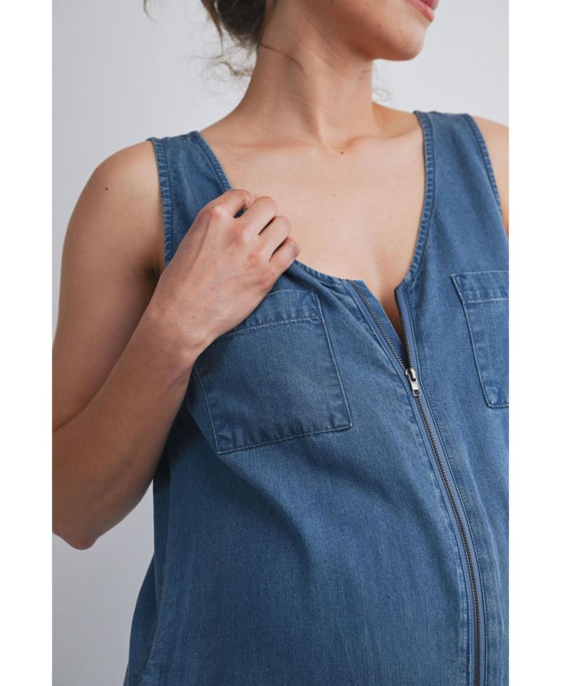 Maternity Front Zip Sleeveless Jumpsuit Nursing Friendly