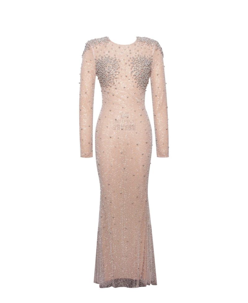 Women Rita Embroidered Mesh Silver Beaded Mermaid Gown