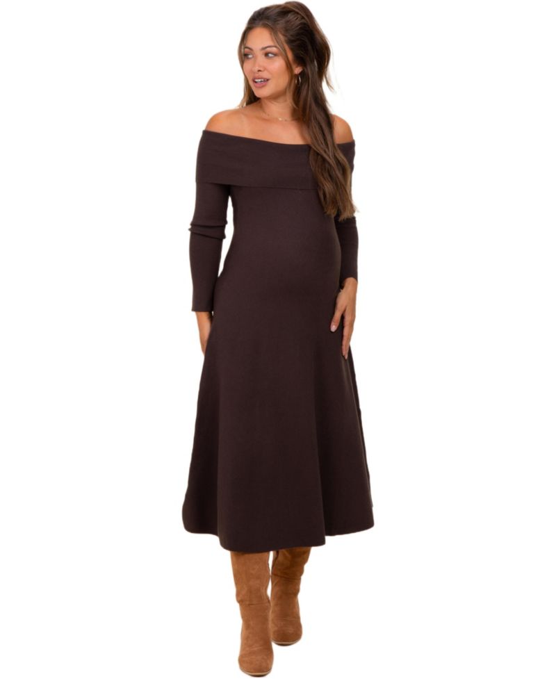 Women's Brown Off Shoulder Sweater Midi Dress