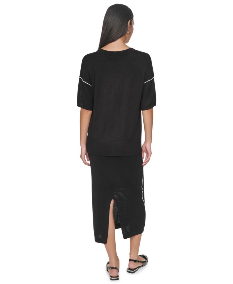 Women's Short-Sleeve Pointelle-Mesh Contrast-Trim Sweater