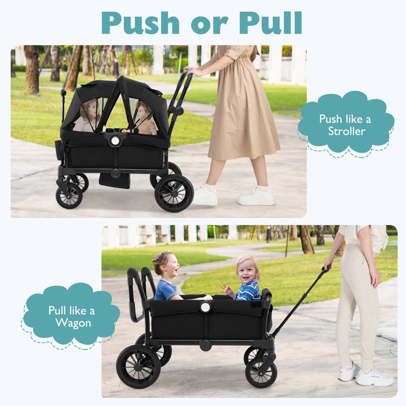 2-Seater Collapsible Kids Wagon Stroller with Push Pull Handle and Adjustable Bar
