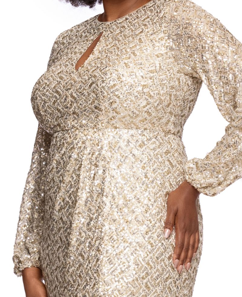 Plus Size Allover-Sequin Keyhole Long-Sleeve Gown
