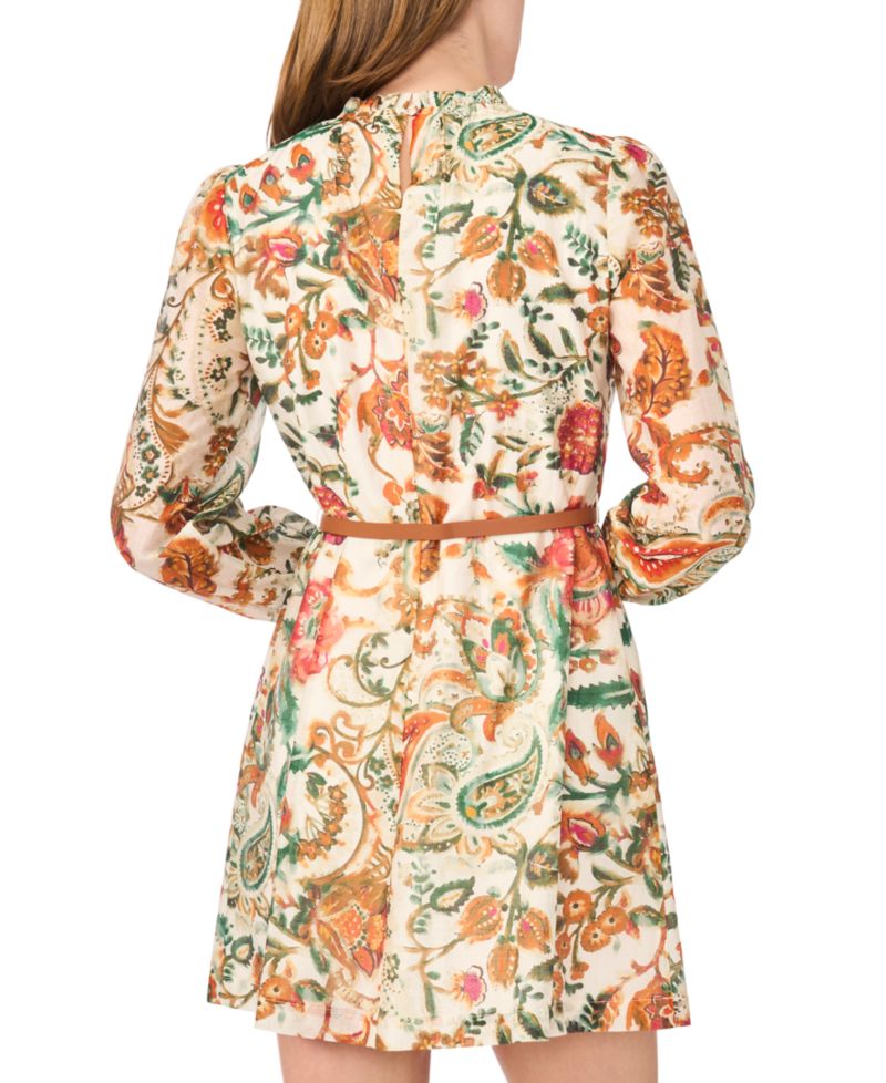 Petites Ruffle Mock Neck Floral-Print Long-Sleeve Dress